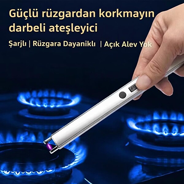 Valkyrie USB Şarjlı Elektrikli Arc Çakmak Mum İçin Gazsız Rüzgar Kırıcı Çift Emniyetli Gümüş Renk