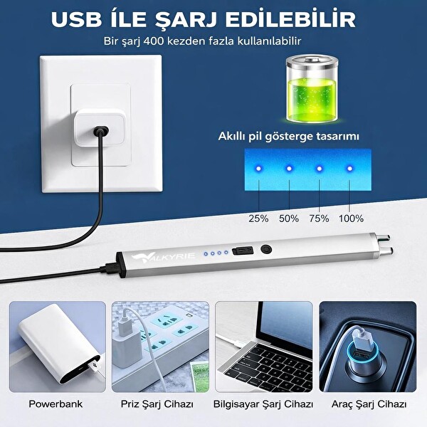 Valkyrie USB Şarjlı Elektrikli Arc Çakmak Mum İçin Gazsız Rüzgar Kırıcı Çift Emniyetli Gümüş Renk