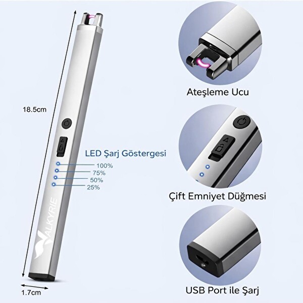 Valkyrie USB Şarjlı Elektrikli Arc Çakmak Mum İçin Gazsız Rüzgar Kırıcı Çift Emniyetli Gümüş Renk