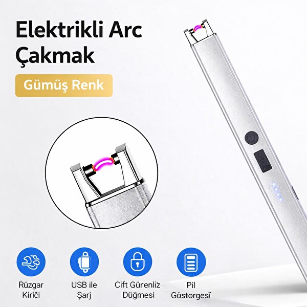 Valkyrie USB Şarjlı Elektrikli Arc Çakmak Mum İçin Gazsız Rüzgar Kırıcı Çift Emniyetli Gümüş Renk