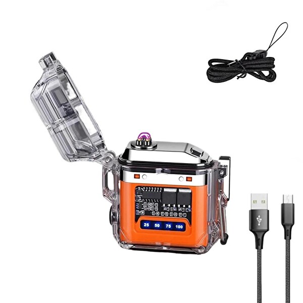 Valkyrie IP56 Su Geçirmez Çift Arc Elektrikli Çakmak Type-C Şarjlı Işıklı - Güç Göstergeli Turuncu