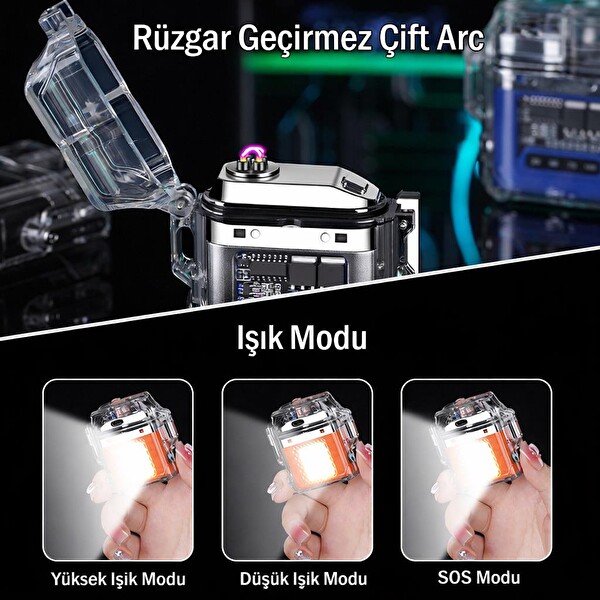 Valkyrie IP56 Su Geçirmez Çift Arc Elektrikli Çakmak Type-C Şarjlı Işıklı - Güç Göstergeli Turuncu