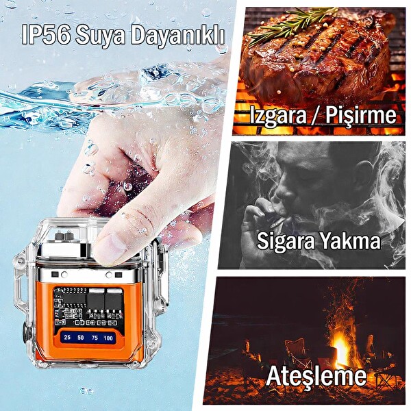 Valkyrie IP56 Su Geçirmez Çift Arc Elektrikli Çakmak Type-C Şarjlı Işıklı - Güç Göstergeli Turuncu