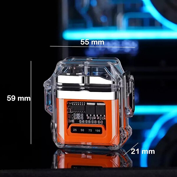 Valkyrie IP56 Su Geçirmez Çift Arc Elektrikli Çakmak Type-C Şarjlı Işıklı - Güç Göstergeli Turuncu
