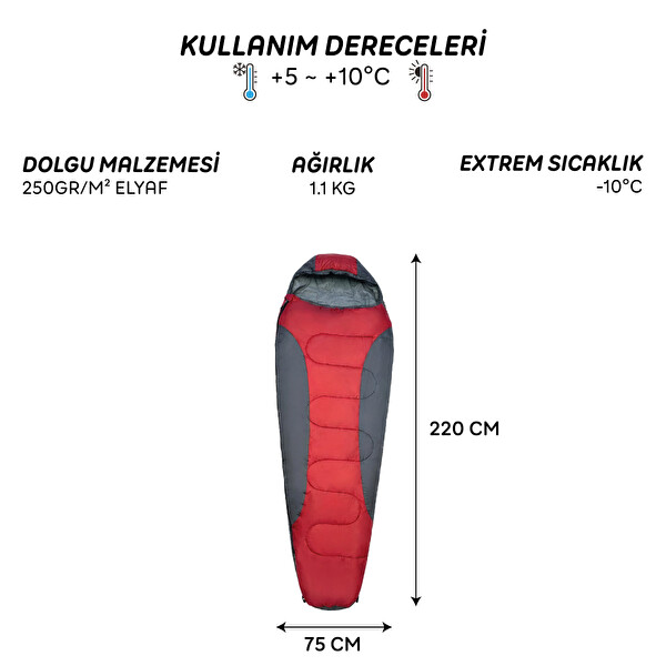 Freecamp Trekker Mummy Uyku Tulumu Kırmızı