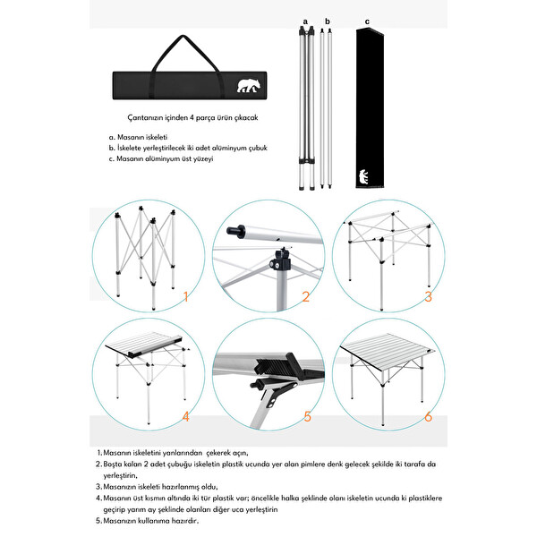 Kamp Ayısı Katlanabilir Taşıma Çantalı Alüminyum XL Kamp Masası - Gri