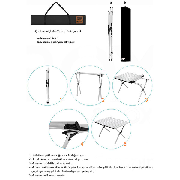 Kamp Ayısı Large Alüminyum Katlanabilir Kamp ve Piknik Masası - Çantalı Gri