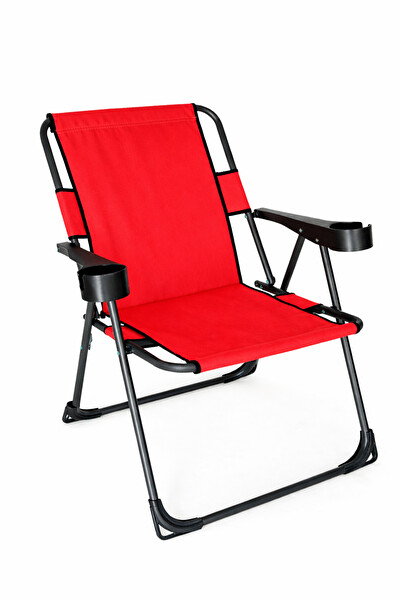 Walke Katlanır Kamp Sandalyesi Çift Taraf Bardaklı Piknik Sandalyesi Kırmızı