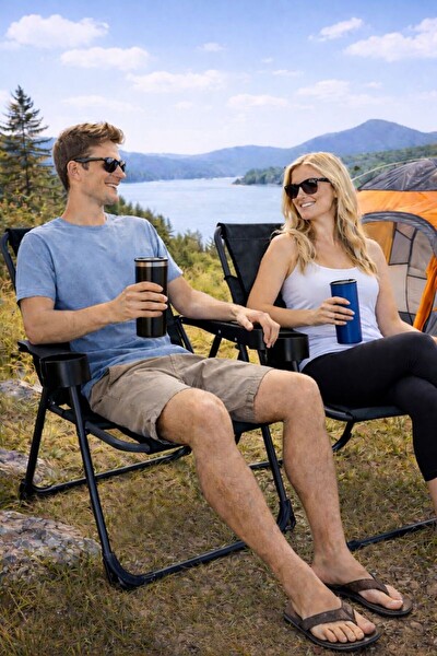 Walke Katlanır Kamp Sandalyesi Çift Taraf Bardaklı Piknik Sandalyesi - Siyah