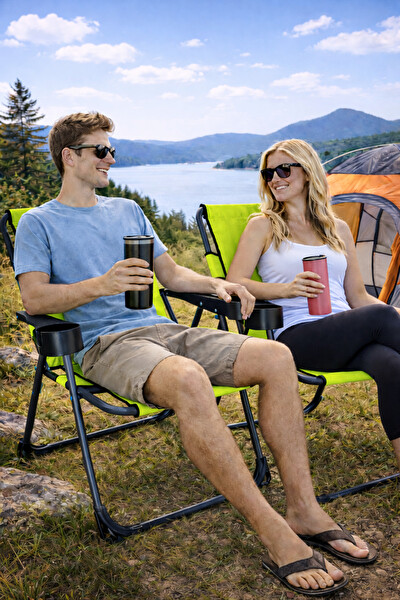 Walke Katlanır Kamp Sandalyesi Çift Taraf Bardaklı Piknik Sandalyesi - Yeşil