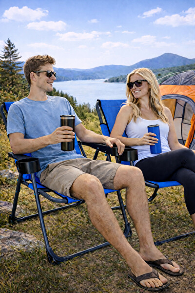 Walke Katlanır Kamp Sandalyesi Çift Taraf Bardaklı Piknik Sandalyesi - Lacivert