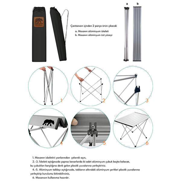 Kamp Ayısı Orta Boy Alüminyum Çantalı Katlanabilir Kamp Ve Piknik Masası - Gri 66x47x51 CM