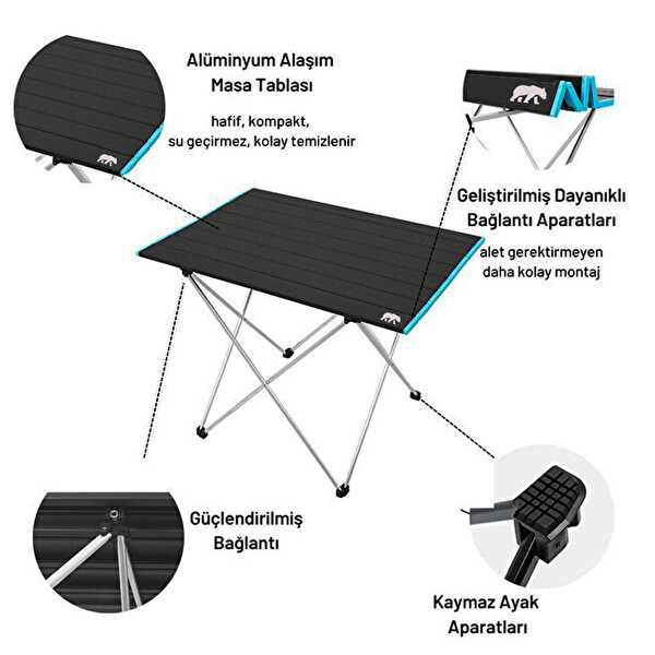 Kamp Ayısı Geniş Model Katlanabilir Alüminyum Çantalı Katlanabilir Kamp Masası - Siyah 66x47x51 CM