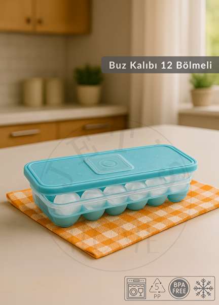 Jet's Home 2'li Set Buz Kalıbı 12 Bölmeli Esnek Silikon Buz Küpü BPA Free Kare Bas Parmak Buzluk Çapı 3.5 CM Mavi