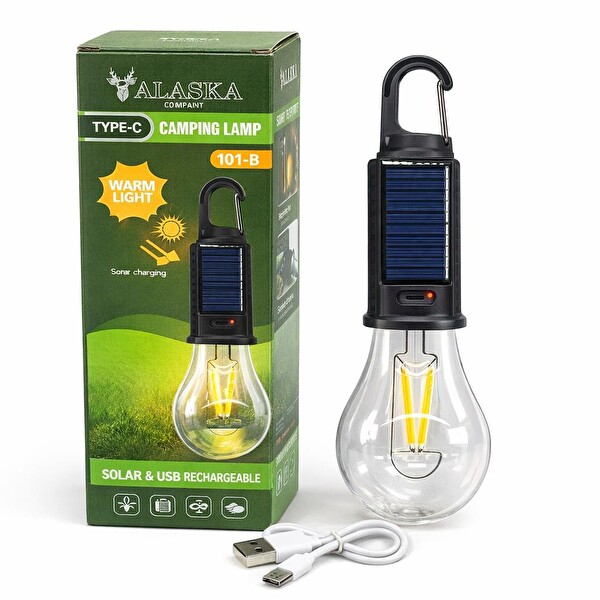 Alaska Company T01-B Güneş Enerjili USB Şarjlı Kamp Lambası LED Ampul Askılı Taşınabilir