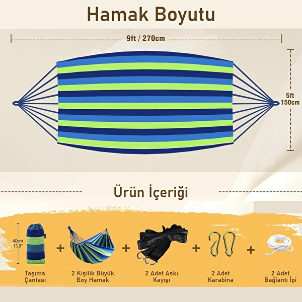 Valkyrie Çift Kişilik XL 260x150 CM Kemerli Kolay Kurulabilir Kanvas Hamak Çantalı Mavi