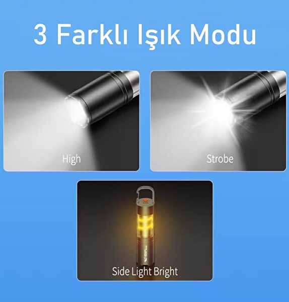 Valkyrie Şarjlı Kamp Feneri El Feneri Type-C Şarjlı COB Yan Işıklı 3 Modlu Zoomlu Karabinalı