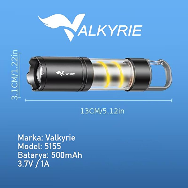 Valkyrie Şarjlı Kamp Feneri El Feneri Type-C Şarjlı COB Yan Işıklı 3 Modlu Zoomlu Karabinalı