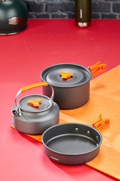 Cooker YK1815 CampPro 3'lü Kamp Tencere Tava ve Çaydanlık Seti