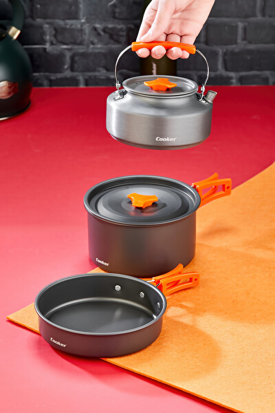 Cooker YK1815 CampPro 3'lü Kamp Tencere Tava ve Çaydanlık Seti