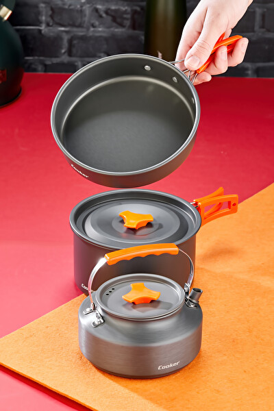 Cooker YK1815 CampPro 3'lü Kamp Tencere Tava ve Çaydanlık Seti