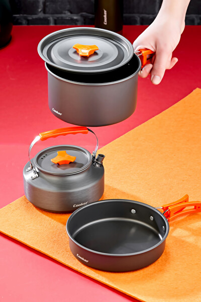 Cooker YK1815 CampPro 3'lü Kamp Tencere Tava ve Çaydanlık Seti
