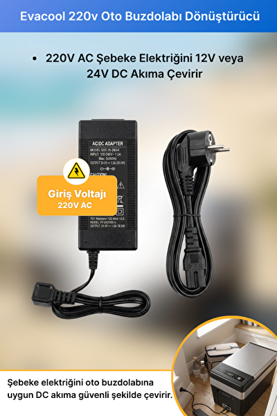 Evacool 220V Oto Buzdolabı Dönüştürücü Adaptör Ev Adaptörü Beyaz