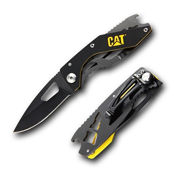 Cat DA980267 Kemer Askı Kancalı Şişe Açacaklı Katlanabilir 16 CM Paslanmaz Çelik Siyah Kamp Çakısı