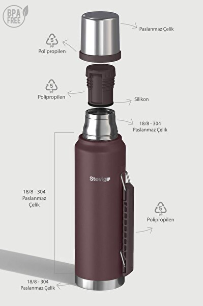 Stevig 1 Camper Klasik Kulplu Sızdırmaz Çelik Termos 1.2 L Dark Plum ST-258