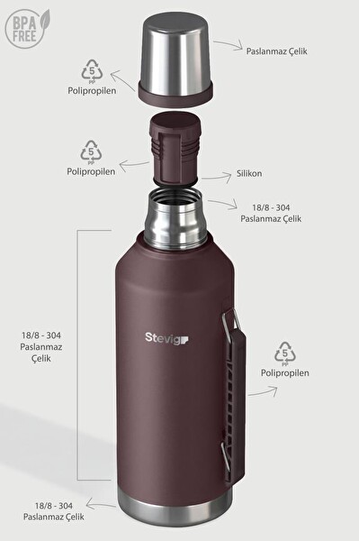Stevig 1 Camper Klasik Kulplu Sızdırmaz Çelik Termos 2.2 L Dark Plum ST-262