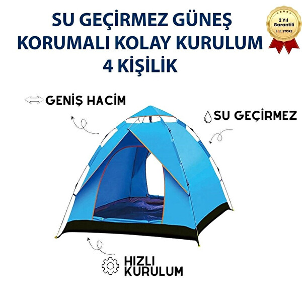 Hzl Store AC6635 Outdoor Otomatik Kamp Çadırı 200x200x135 CM Su Geçirmez Güneş Korumalı Kolay Kurulum 4 Kişilik