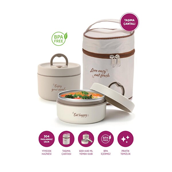 House Pratik HP107 Çantalı Paslanmaz Çelik 2'li 600- 440 ML Lunch Box Yemek Kabı