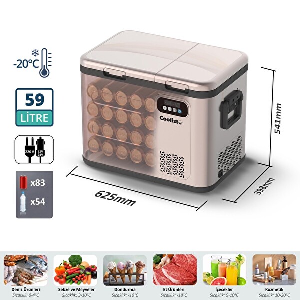 Coolist CLK60D 12-24V - 220 Volt 59 Litre Çift Bölmeli Outdoor Kompresörlü Bluetooth Bağlantılı Oto Buzdolabı