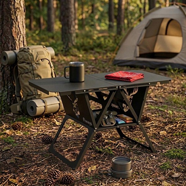 Fiways AXIS V2 Mat Siyah Metal Kamp Masası 1 mm Çelik Gövde Katlanır Çantalı Outdoor Sehpa