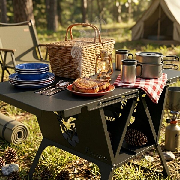 Fiways AXIS V2 Mat Siyah Metal Kamp Masası 1 mm Çelik Gövde Katlanır Çantalı Outdoor Sehpa