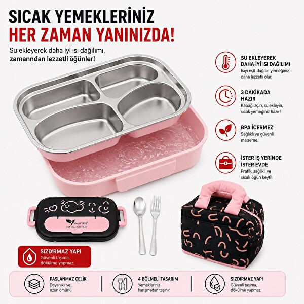Valkyrie 316 Paslanmaz Çelik Termal Taşıma Çantalı 4 Bölmeli Sızdırmaz BPA İçermez Beslenme Kabı