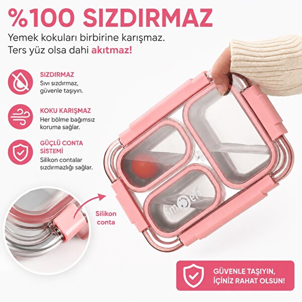 Valkyrie 304 Paslanmaz Çelik 4 Bölmeli Pembe Termal Çantalı Çatal Kaşık Dahil Sızdırmaz Beslenme Kabı