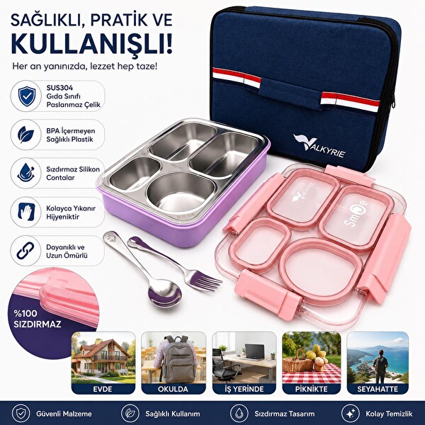 Valkyrie 304 Paslanmaz Çelik 4 Bölmeli Pembe Termal Çantalı Çatal Kaşık Dahil Sızdırmaz Beslenme Kabı