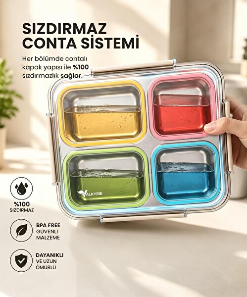 Valkyrie 304 1500 ML 4 Bölmeli Paslanmaz Çelik Termal Çantalı Sızdırmaz Yemek Kabı