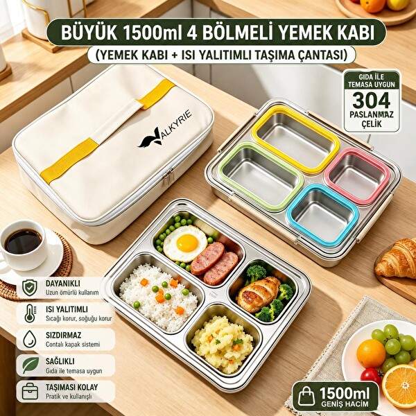 Valkyrie 304 1500 ML 4 Bölmeli Paslanmaz Çelik Termal Çantalı Sızdırmaz Yemek Kabı