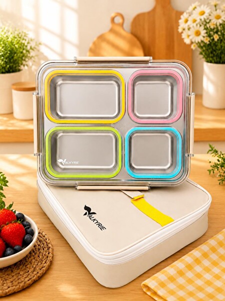 Valkyrie 304 1500 ML 4 Bölmeli Paslanmaz Çelik Termal Çantalı Sızdırmaz Yemek Kabı