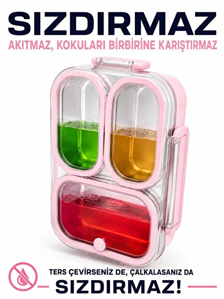 Valkyrie 304 Paslanmaz Çelik 3 Bölmeli Pembe Termal Çantalı Sızdırmaz Kapaklı Beslenme Kabı