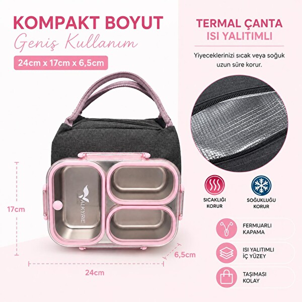 Valkyrie 304 Paslanmaz Çelik 3 Bölmeli Pembe Termal Çantalı Sızdırmaz Kapaklı Beslenme Kabı