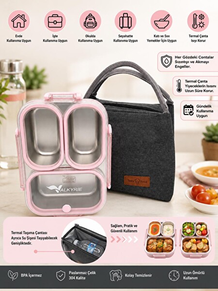 Valkyrie 304 Paslanmaz Çelik 3 Bölmeli Pembe Termal Çantalı Sızdırmaz Kapaklı Beslenme Kabı