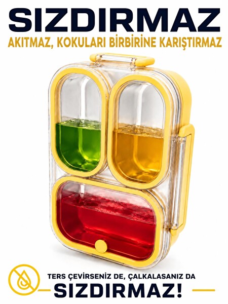 Valkyrie 304 Paslanmaz Çelik 3 Bölmeli Sarı Termal Çantalı Sızdırmaz Kapaklı Beslenme Kabı