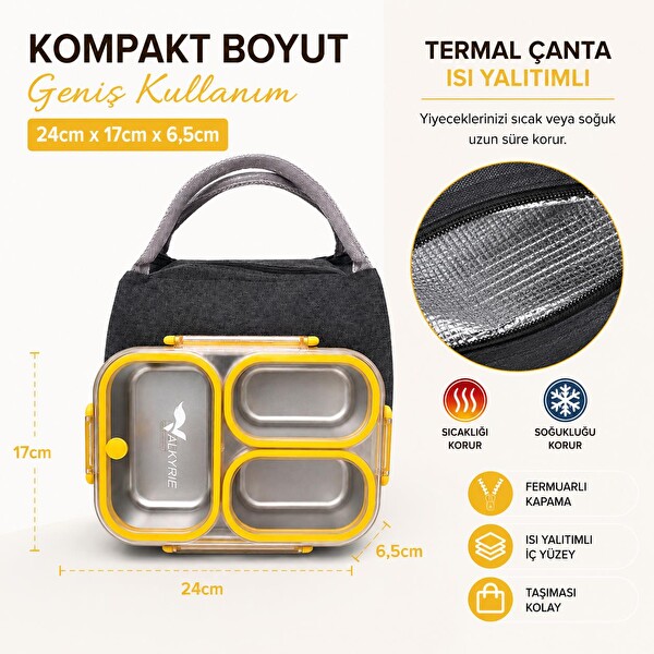 Valkyrie 304 Paslanmaz Çelik 3 Bölmeli Sarı Termal Çantalı Sızdırmaz Kapaklı Beslenme Kabı
