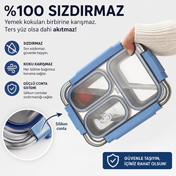 Valkyrie 304 Paslanmaz Çelik 4 Bölmeli Mavi Termal Çantalı Çatal Kaşık Dahil Sızdırmaz Beslenme Kabı