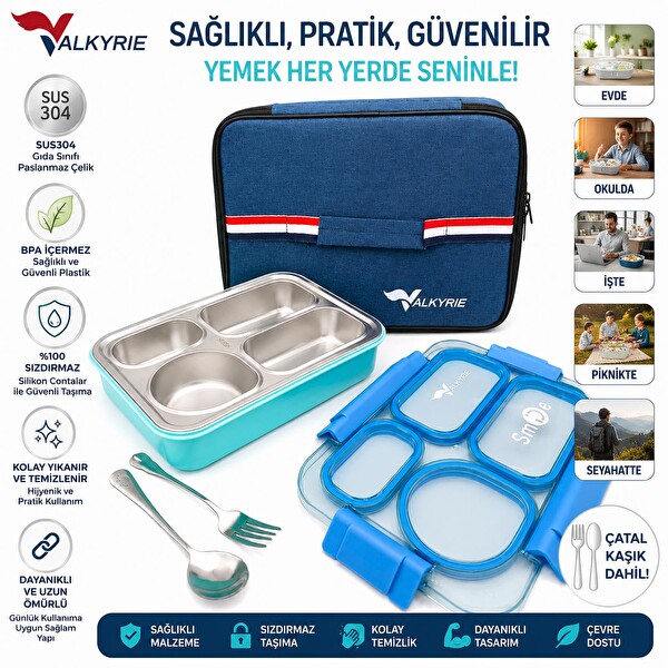 Valkyrie 304 Paslanmaz Çelik 4 Bölmeli Mavi Termal Çantalı Çatal Kaşık Dahil Sızdırmaz Beslenme Kabı