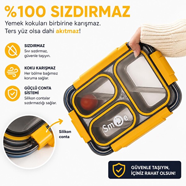 Valkyrie 304 Paslanmaz Çelik 4 Bölmeli Sarı Termal Çantalı Çatal Kaşık Dahil Sızdırmaz Beslenme Kabı