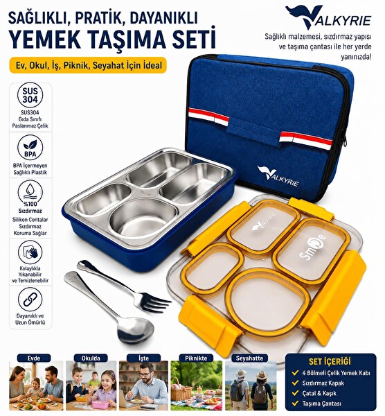 Valkyrie 304 Paslanmaz Çelik 4 Bölmeli Sarı Termal Çantalı Çatal Kaşık Dahil Sızdırmaz Beslenme Kabı